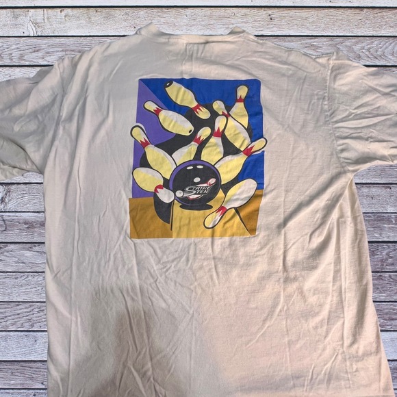 Oneita XL Bowling T-Shirt Mens Cream Fair Vintage ABC Strike Ten Graphic Tee - Picture 2 of 10